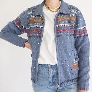 Vintage Studio Fa La La Blue Knit Embroidered Reindeer Ugly Christmas Cardigan S